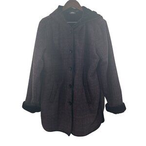 Ike Behar Women XL Black Purple Faux Fur Jacket Button Front Hood